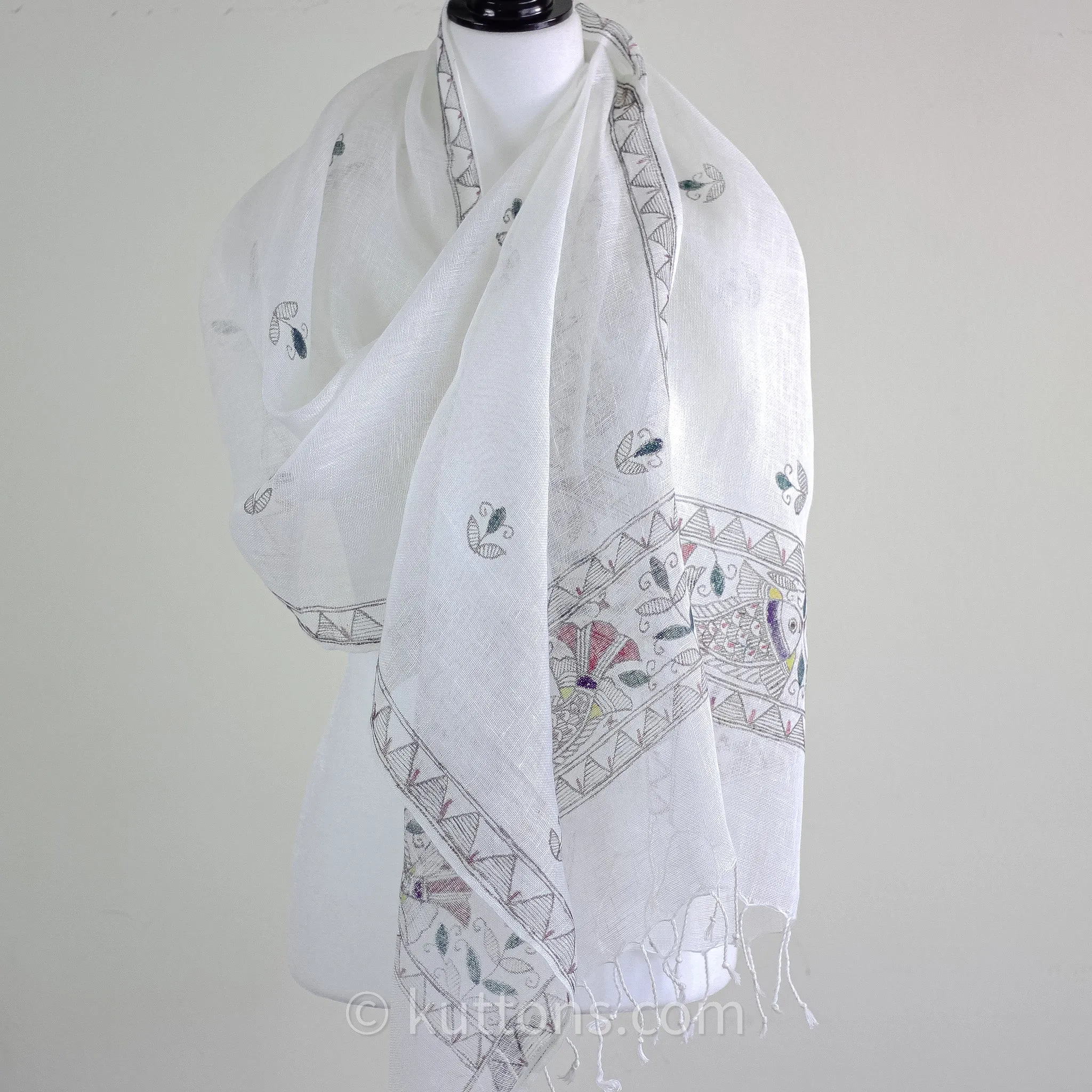 Hand-Painted Ethnic Madhubani Linen Wrap with Tassels - Tribal Motifs, Fish | White, 20x80"