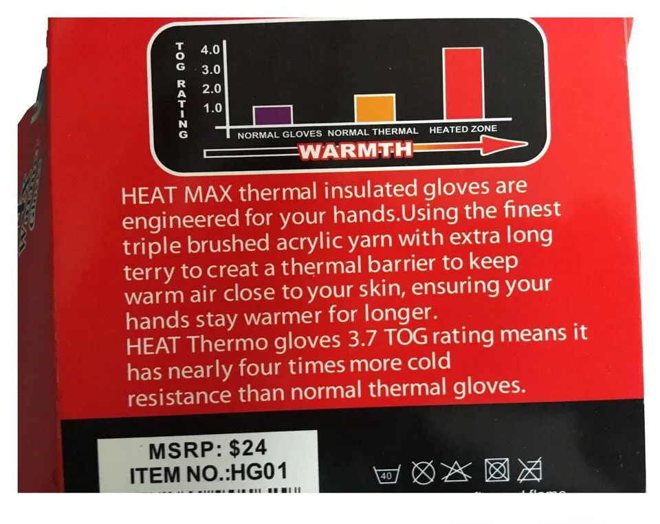 HEAT Men's Thermo Gloves 3.7 TOG Rating Triple Brushed Acrylic Liner Large - New