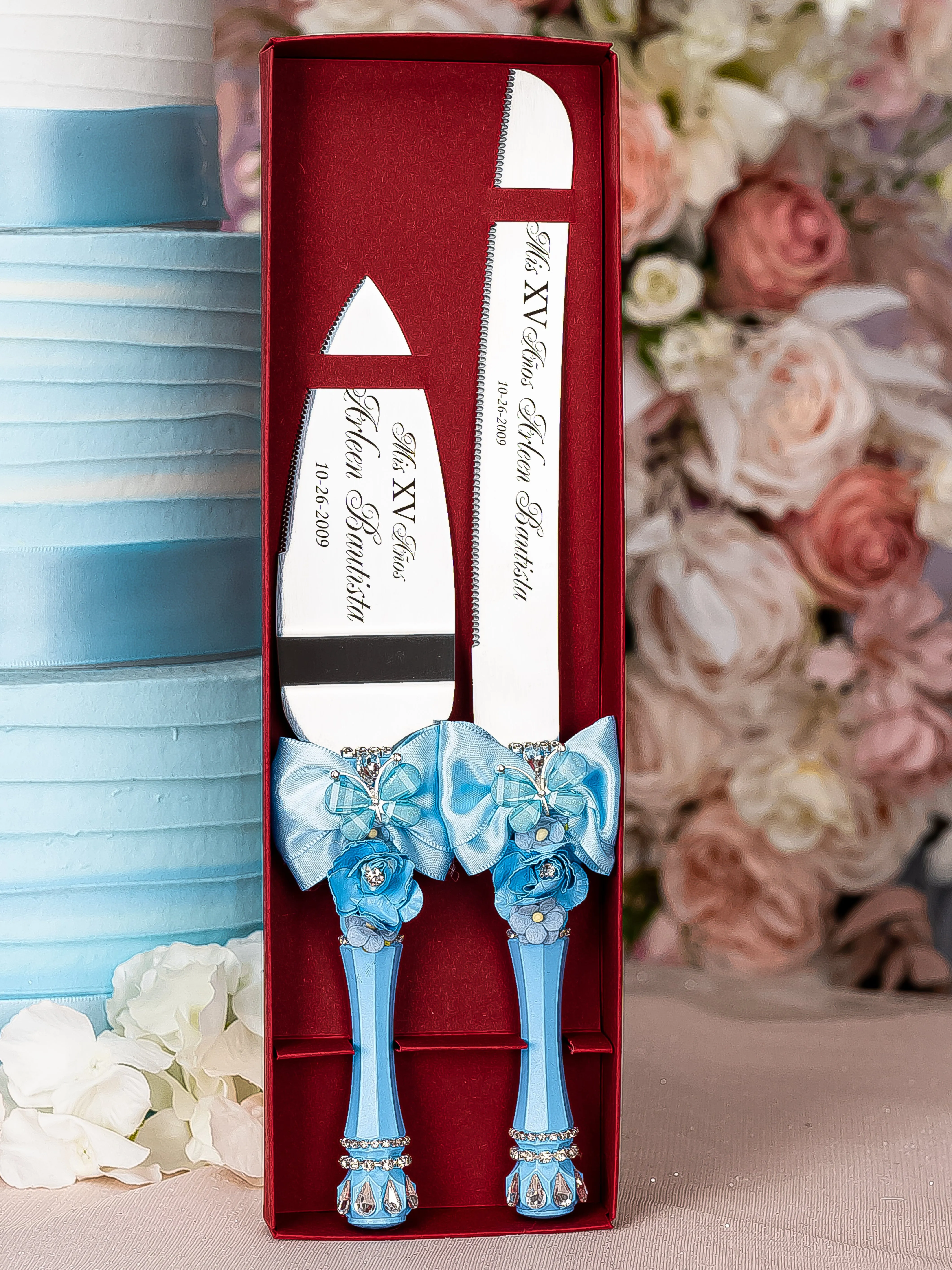 Light blue with butterflies quinceanera cake knife set with 2 glasses