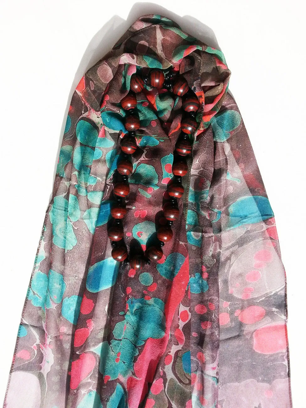 Marbleized Silk Chiffon Long Scarf Chocolate Strawberry