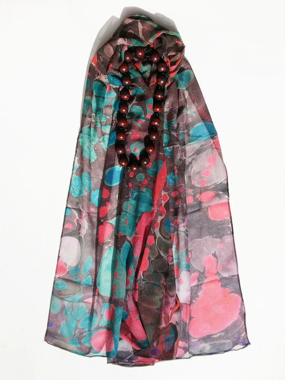 Marbleized Silk Chiffon Long Scarf Chocolate Strawberry