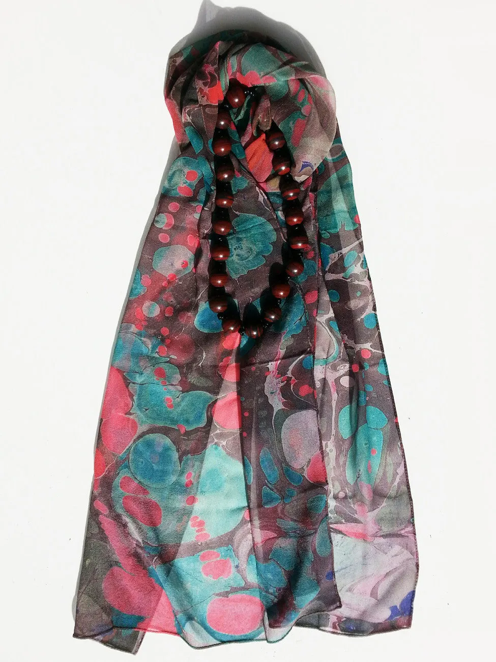 Marbleized Silk Chiffon Long Scarf Chocolate Strawberry