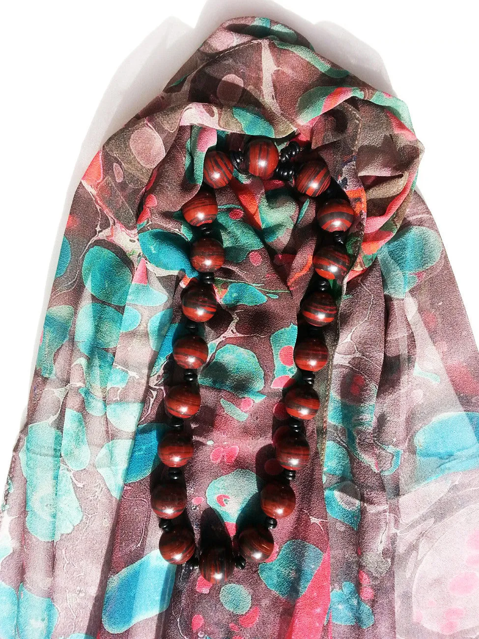 Marbleized Silk Chiffon Long Scarf Chocolate Strawberry