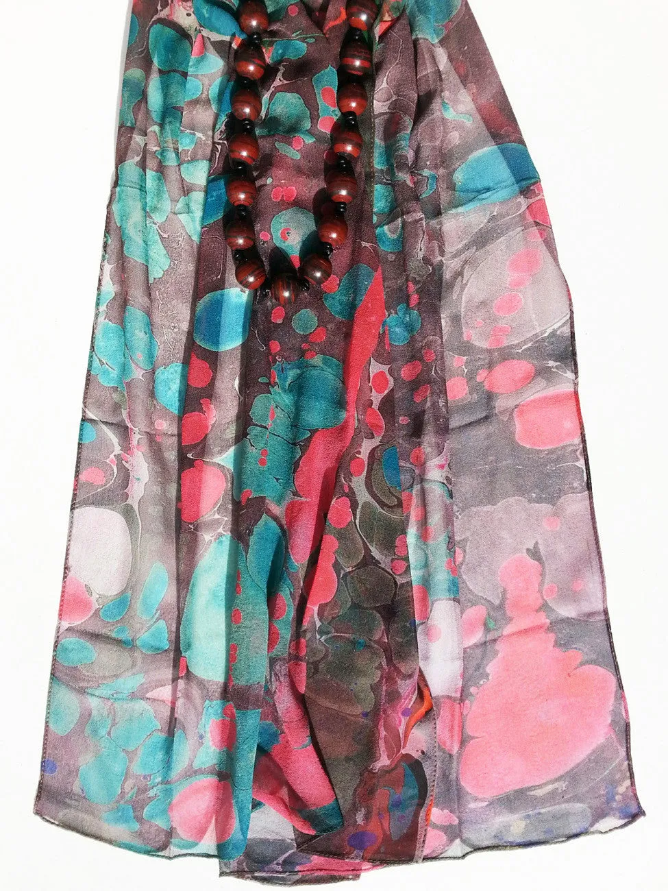 Marbleized Silk Chiffon Long Scarf Chocolate Strawberry