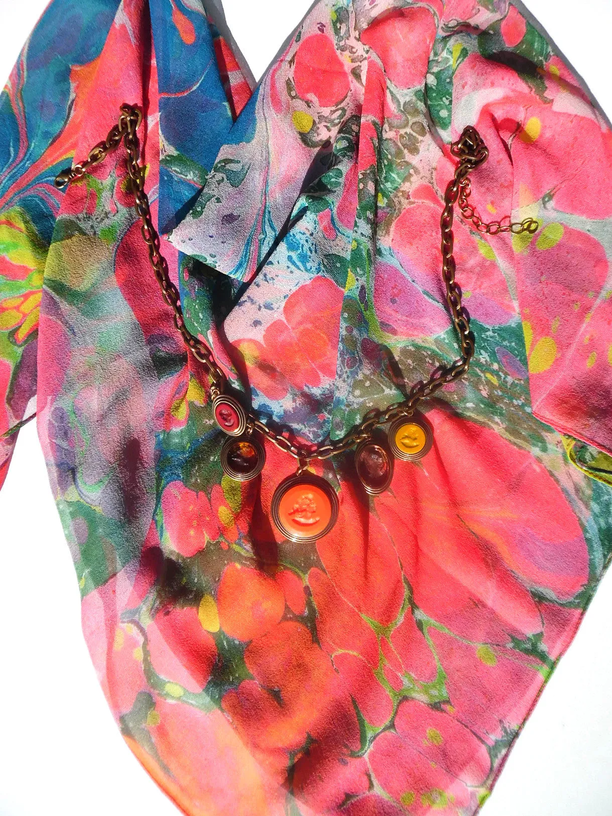 Marbleized Silk Chiffon Square Scarf Fruit Cocktail