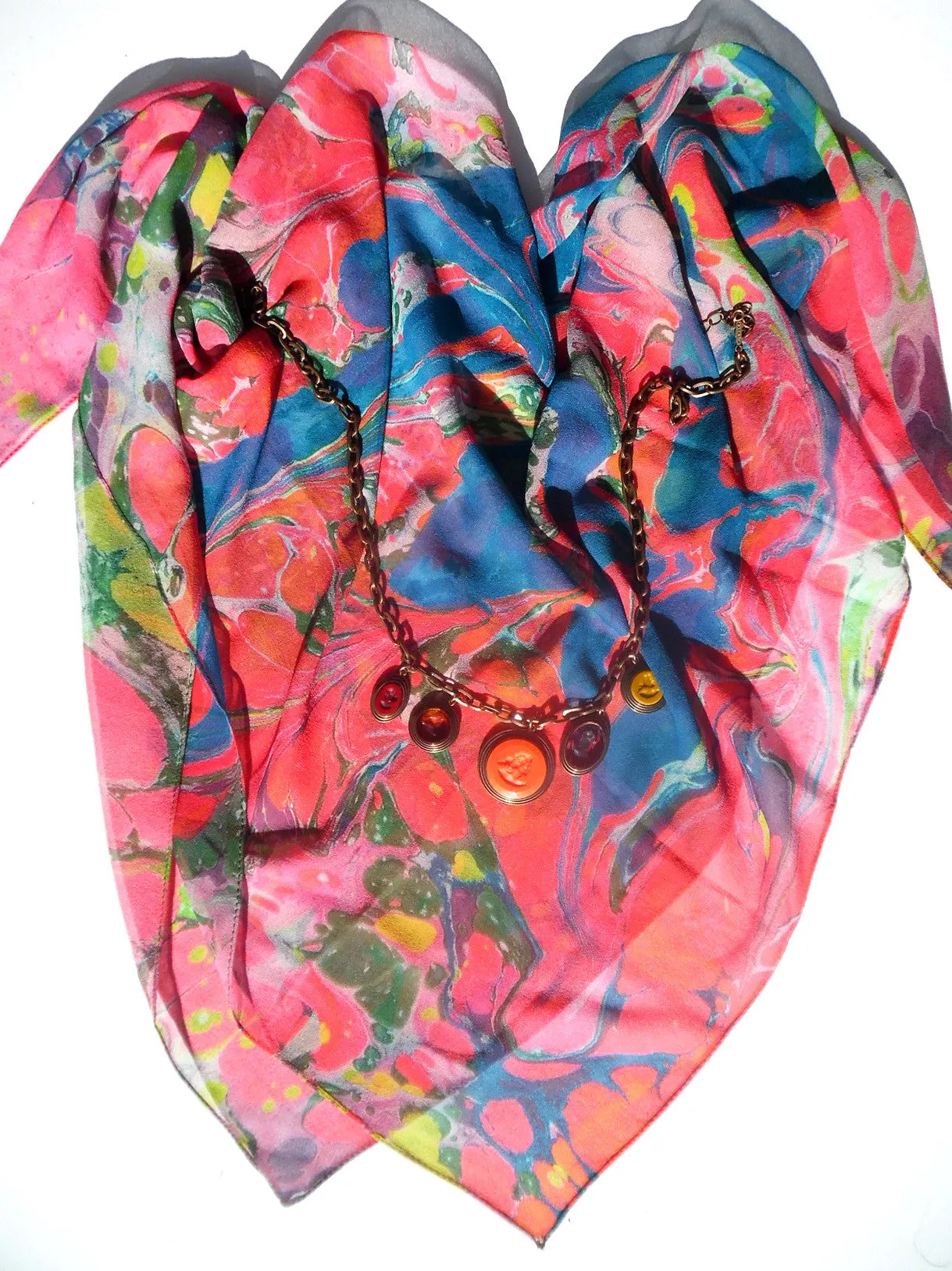 Marbleized Silk Chiffon Square Scarf Fruit Cocktail