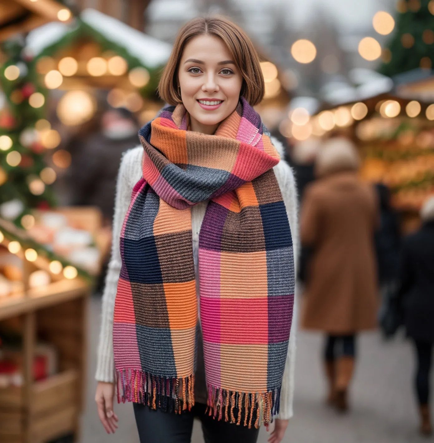 Podvis - Crinkle Squares Scarf (65x180cm) - Pinks