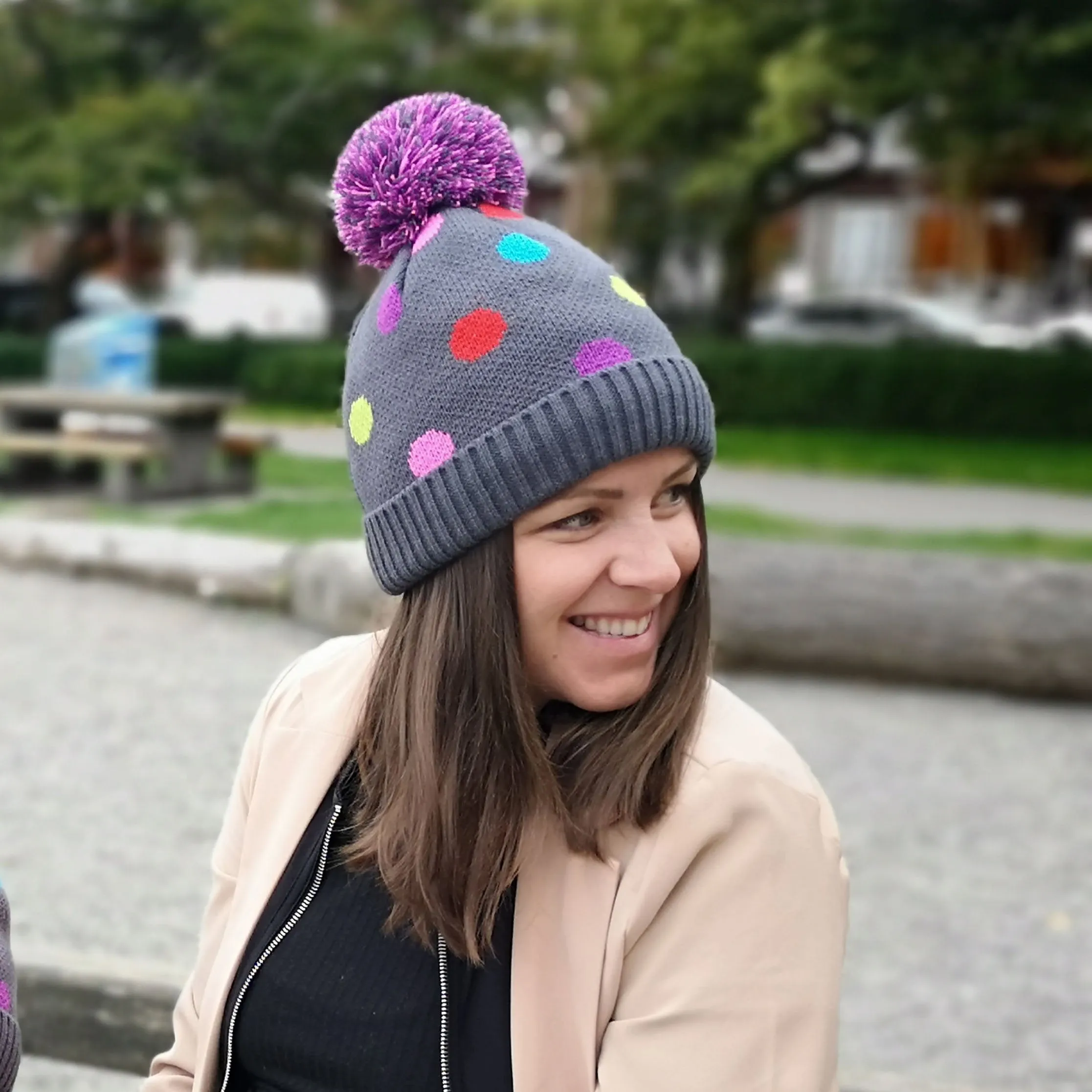 Polka Multi Dot Pom Pom Beanie Hat - Adult