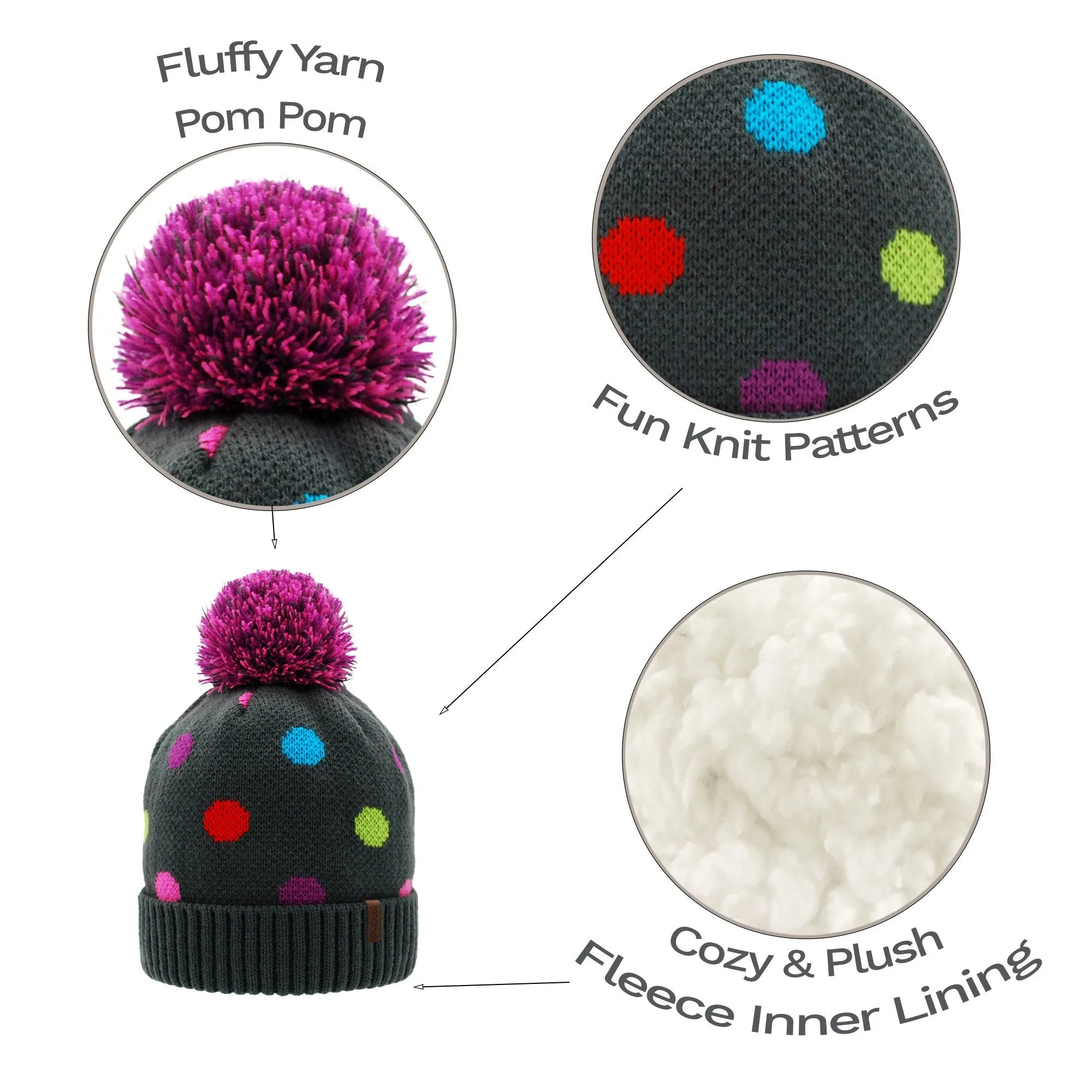 Polka Multi Dot Pom Pom Beanie Hat - Adult