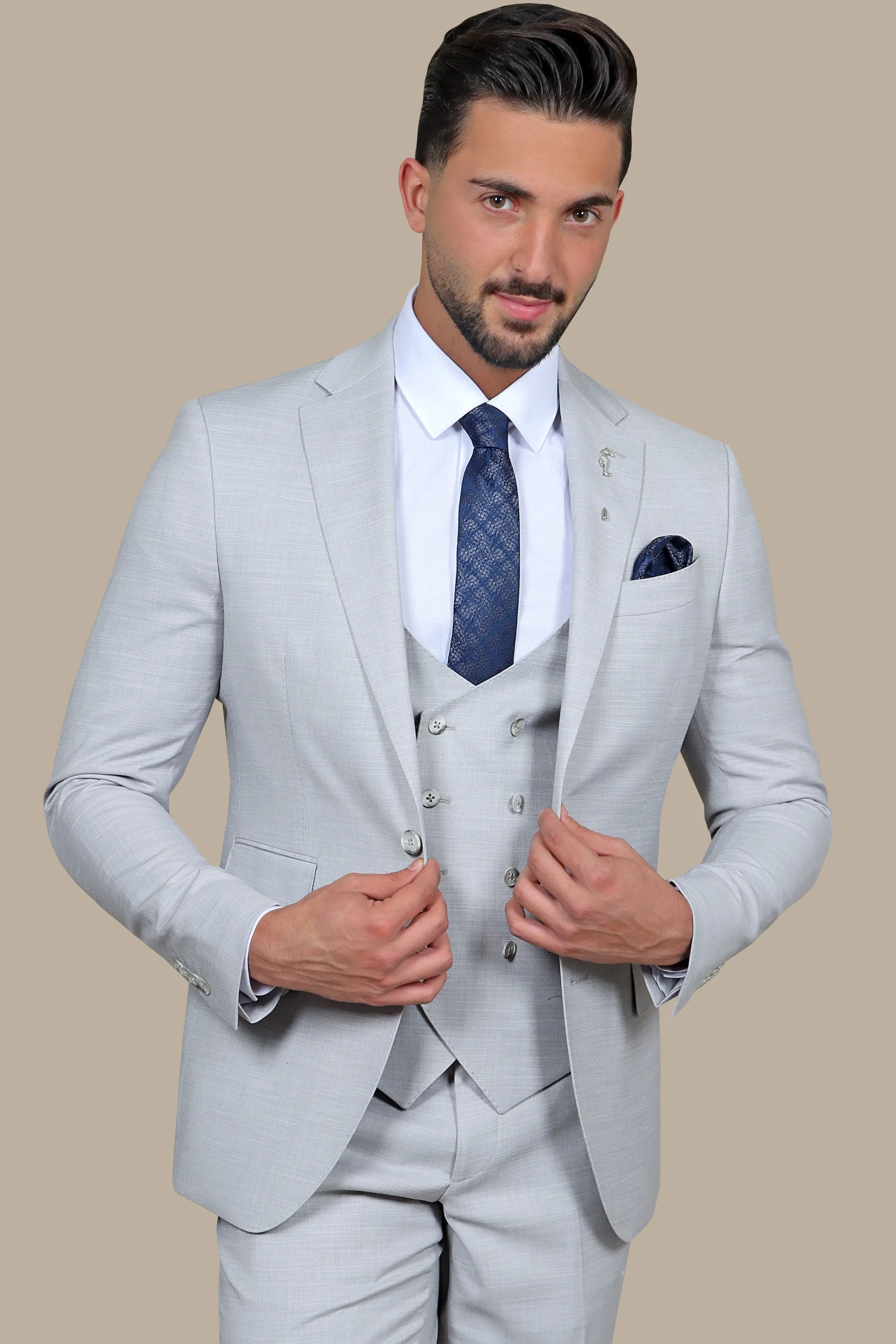 Refined Elegance: Light Grey Fil a Fil Lycra Notch 3-Piece Suit