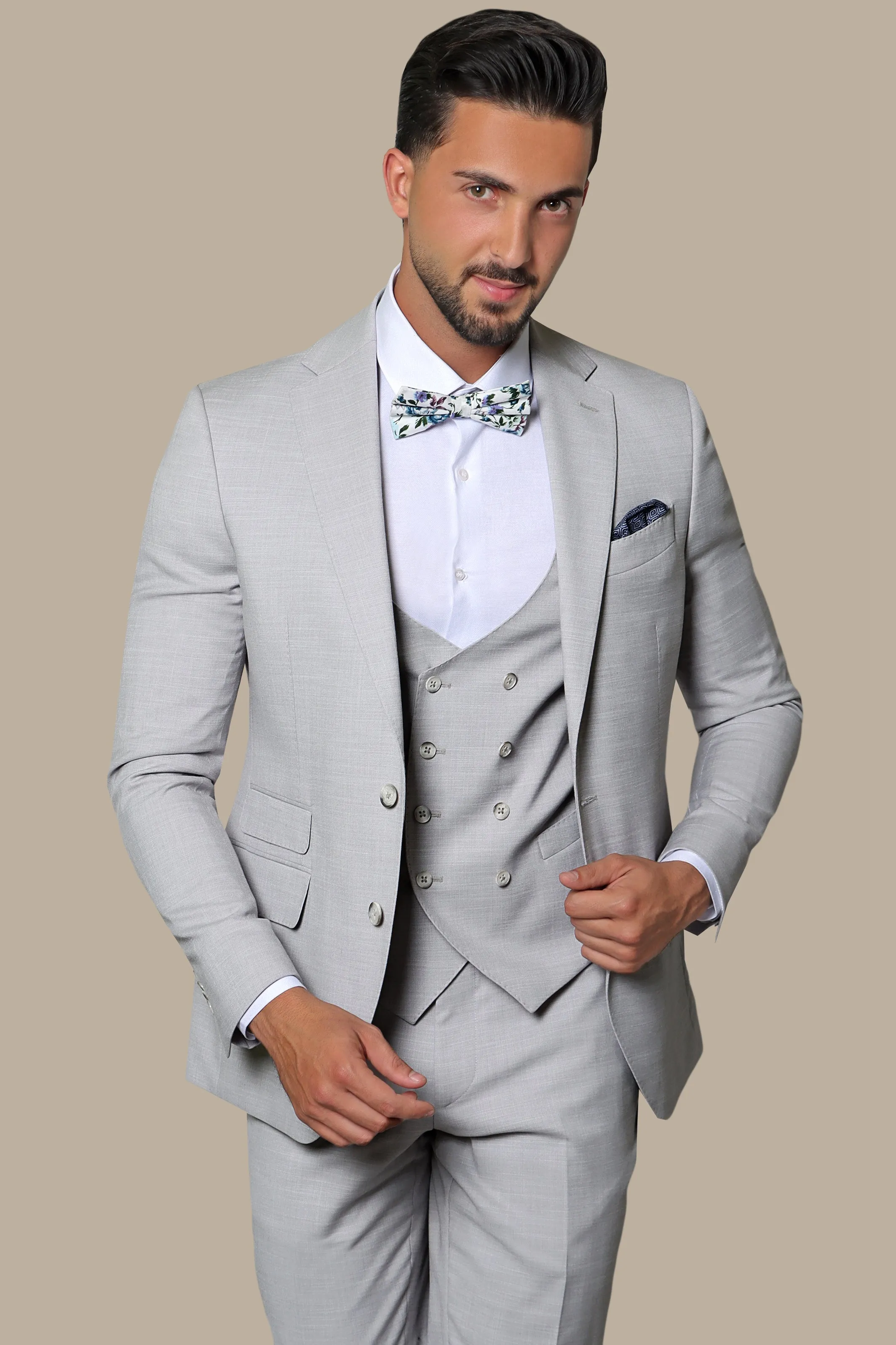 Refined Elegance: Light Grey Fil a Fil Lycra Notch 3-Piece Suit