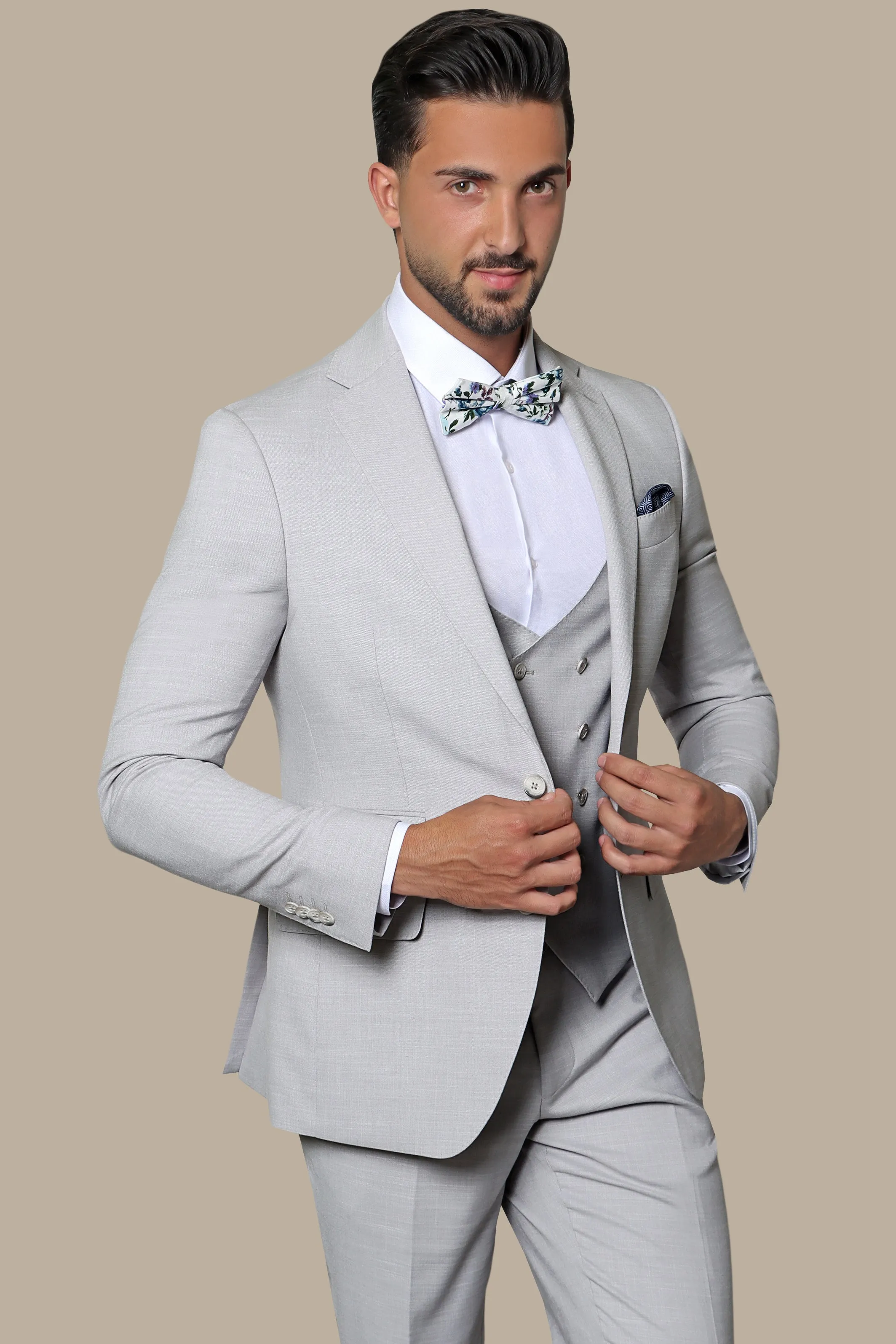 Refined Elegance: Light Grey Fil a Fil Lycra Notch 3-Piece Suit