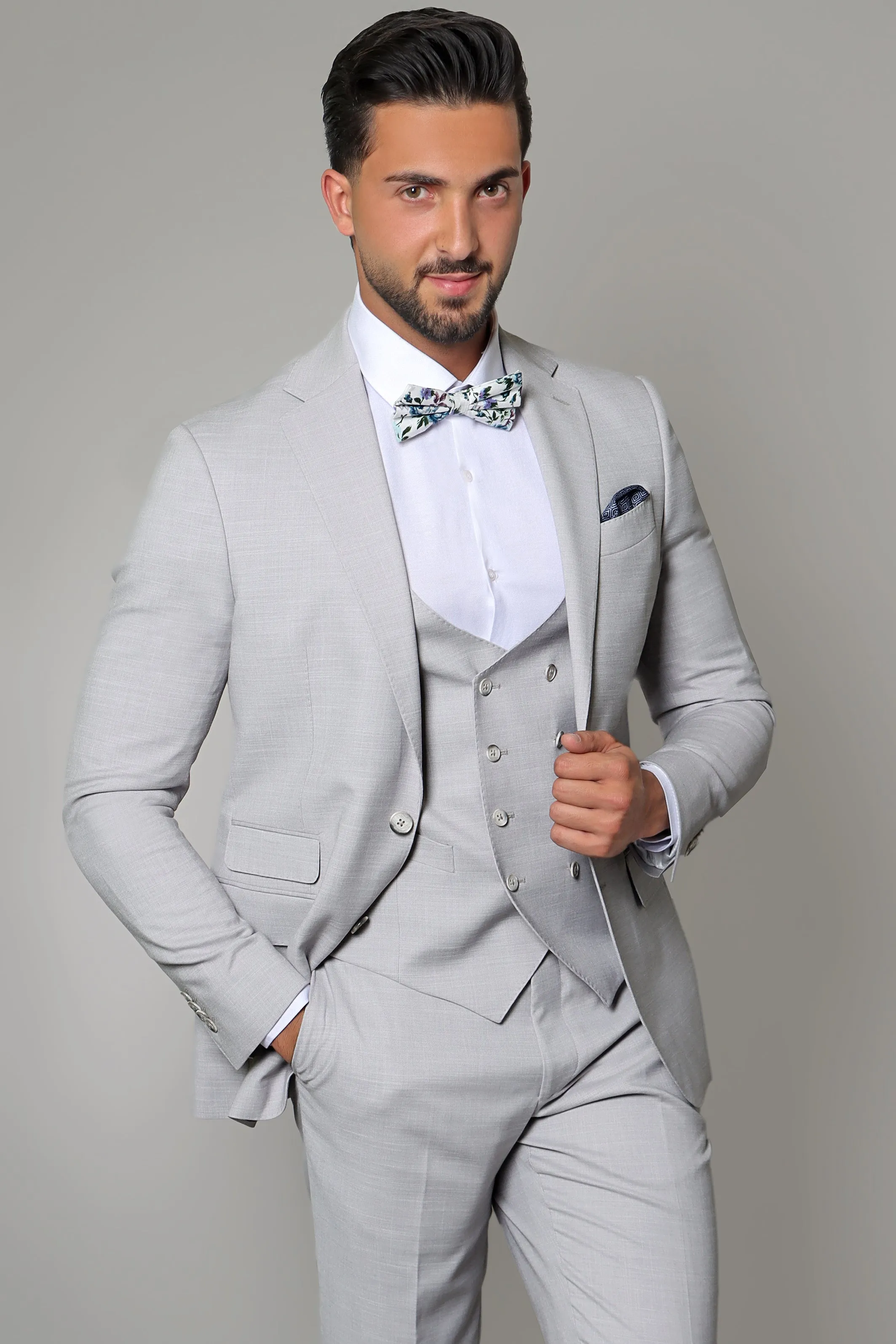 Refined Elegance: Light Grey Fil a Fil Lycra Notch 3-Piece Suit