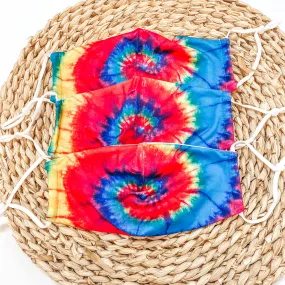 Safe and Sassy Face Covering in Rainbow Tie Dye with White Straps