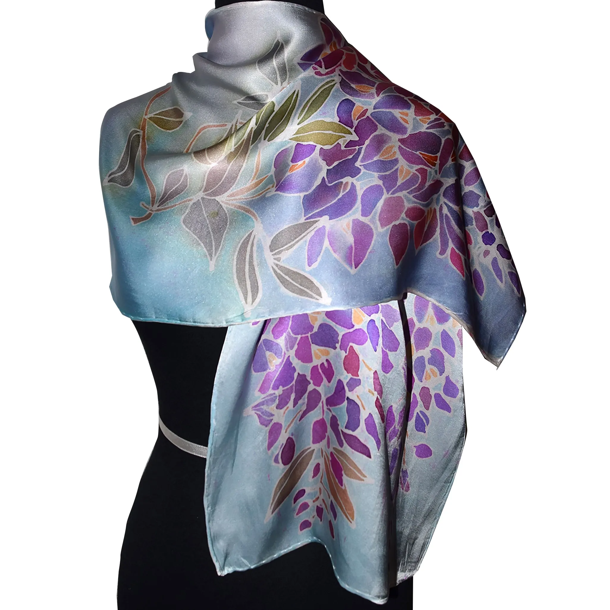 Wisteria with Vines Blue Violet Charmeuse Silk Scarf