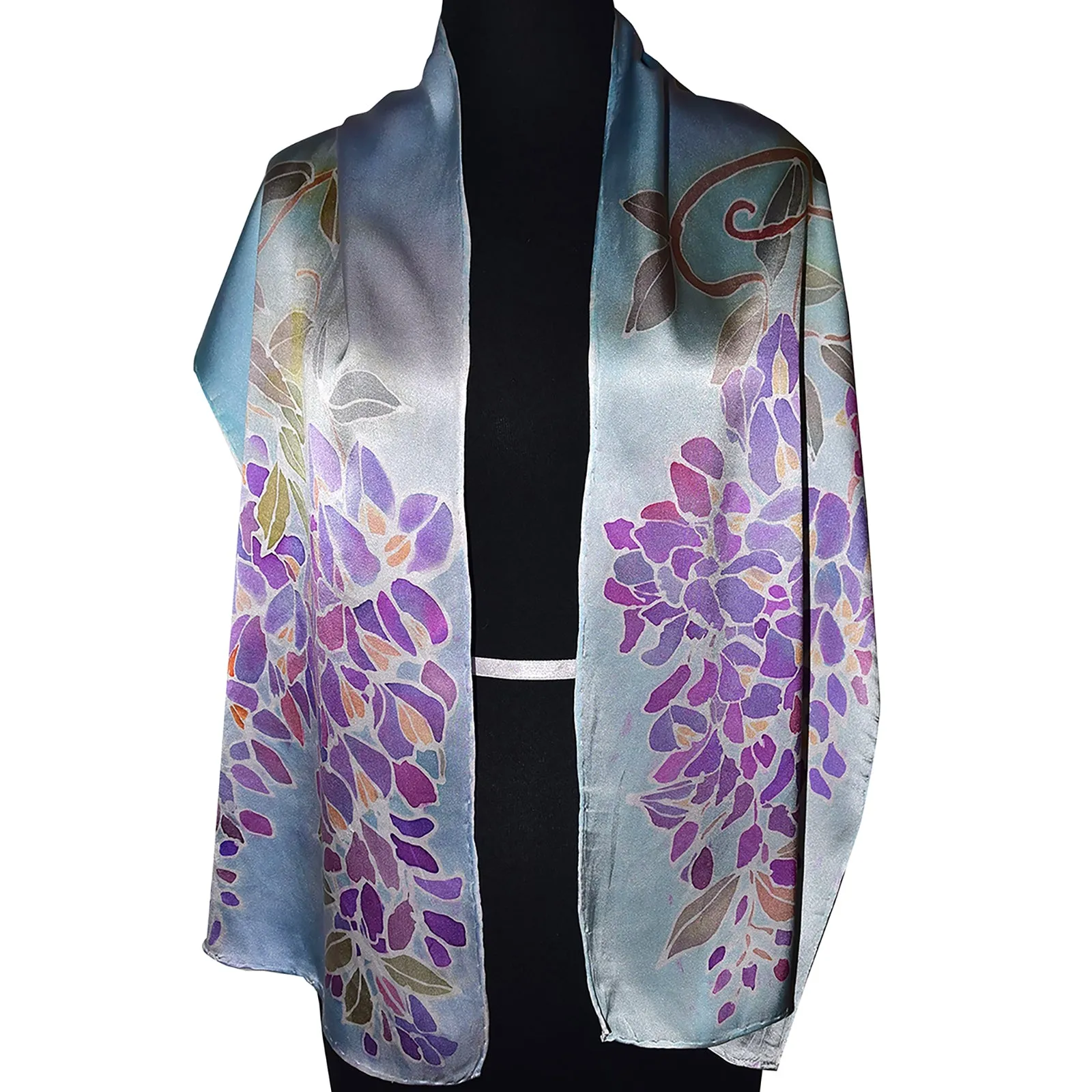 Wisteria with Vines Blue Violet Charmeuse Silk Scarf