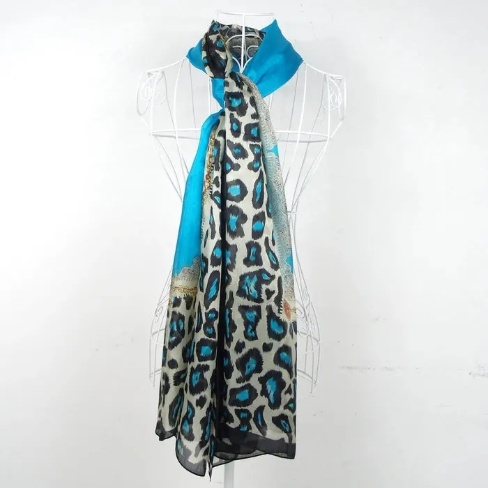 Women Blue Leopard Pattern Silk Scarf Extended Shawl Printed  Fashion Apparel Accessories Brand Long Mulberry Silk Scarf.